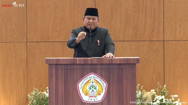 Presiden Prabowo Subianto saat memberikan sambutan dalam Munas ke XVI IPSI di JCC Jakarta, Sabtu (11/4). Foto: Tangkapan layar Youtube Setpres