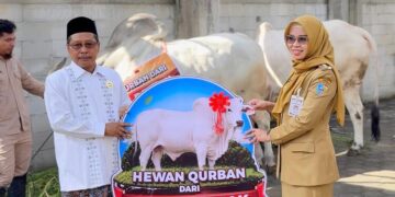 Bupati dan Wakil Bupati Demak Kurban Sapi Jumbo di Masjid Agung 10 Bupati Demak Eisti’anah saat menyerahkan sapi kurban kepada pihak takmir Masjid Agung Demak, Senin, 25 Mei 2026. (M. Burhanuddin Aslam/Lingkarjateng.id)