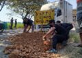 Warga menguruk lubang di jalan provinsi ruas Randublatung-Cepu, Kabupaten Blora, Minggu, 31 Mei 2026. (Eko Wicaksono/Lingkarjateng.id)