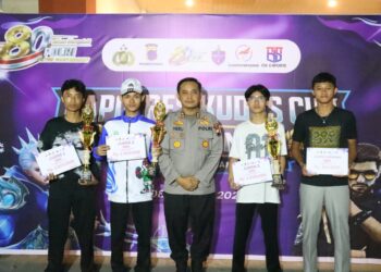 Kapolres Kudus AKBP Heru Dwi Purnomo saat menyerahkan piala juara E-Sport Kapolres Kudus Cup Season II belum lama ini. Foto : Nisa Hafizhotus Syarifa/Lingkar