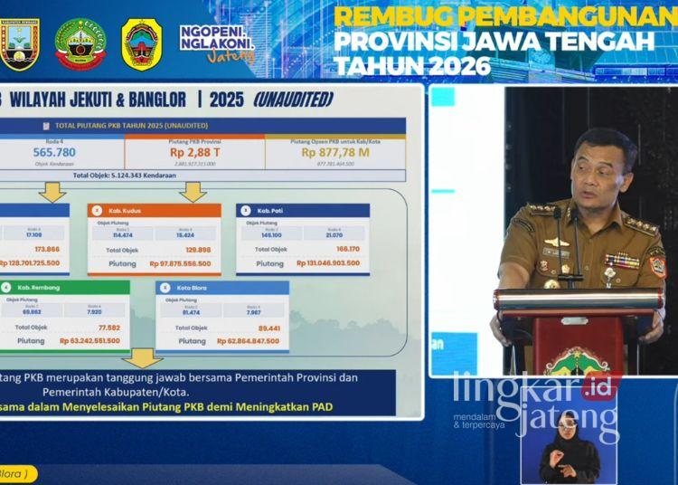 Tunggakan Pajak Kendaraan di Eks Karesidenan Pati Tembus Rp483 Miliar, Ini Rinciannya 25 Gubernur Jawa Tengah, Ahmad Luthfi memaparkan tunggakan pajak kendaraan bermotor di wilayah eks Karesidenan Pati saat Rembug Pembangunan Jawa Tengah 2026. (YouTube Pemprov Jateng)