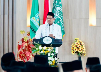 Rektor UIN Suku Abdurrahman Kasdi saat sambutan acara Muktamar Ilmu Pengetahuan (MIP) IV Tahun 2026 di Universitas Islam Negeri (UIN) Sunan Kudus, Sabtu (27/6). Foto: Abror/Lingkar