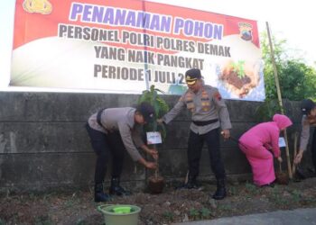Kapolres Demak, AKBP Arrizal Samelino Gandasaputra secara simbolis menanam pohon di Mapolres Demak. (Dok. for Lingkarjateng.id)