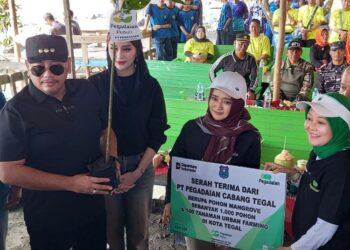 Wali Kota Tegal, Dedy Yon Supriyono menerima 1.000 bibit mangrove dari PT Pegadaian di kawasan Pantai Pulo Kodok, Sabtu, 6 Juni 2026. Kegiatan ini digelar dalam rangka peringatan Hari Lingkungan Hidup Sedunia 2026. (Dok. Pemkot Tegal/Lingkarjateng.id)
