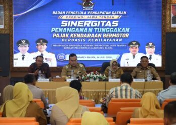 Kegiatan sosialisasi sinergitas penanganan tunggakan pajak kendaraan bermotor yang digelar Bapenda Jateng di Kabupaten Blora, Selasa, 14 Juli 2026. (Humas Pemkab Blora/Lingkarjateng.id)