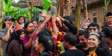 Sejumlah warga berebut hasil bumi yang ditempatkan di gunungan saat prosesi Merti Dusun RW 05 Sugihwaras, Kelurahan Randuacir, Kecamatan Argomulyo, Kota Salatiga pada Selasa, 28 Juli 2026. (Prokompim Setda Salatiga/Lingkarjateng.id)