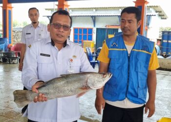 Kepala DKP Kabupaten Kendal, Hudi Sambodo (kiri), saat meninjau salah TPI di wilayah setempat. (Anik Kustiani/Lingkarjateng.id)