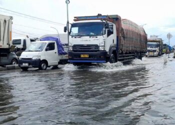 Kendaraan menerjang rob yang merendam Jalan Pantura Demak-Semarang. (M. Burhanuddin Aslam/Lingkarjateng.id)
