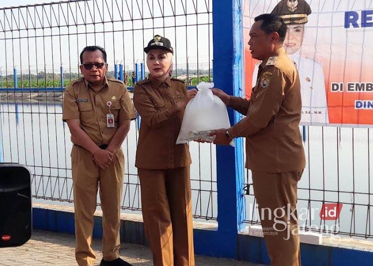 Bupati Kendal, Dyah Kartika Permanasari (tengah), bersama Kepala Dinas Kelautan dan Perikanan (DKP) Hudi Sambodo serah terima benih ikan untuk ditebar di embung Desa Ngerjo, Kecamatan Ringinarum, Senin, 10 Agustus 2026. (Anik Kustiani/Lingkarjateng.id)