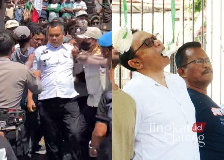 Suasana demo larangan sound horeg nyaris ricuh di depan Kantor Camat Tayu, Rabu, 12 Agustus 2026 (kiri), dan Plt Bupati Pati Risma Ardhi Chandra lomba makan kerupuk di halaman Setda Pati (kanan). (dok for Lingkarjateng.id)