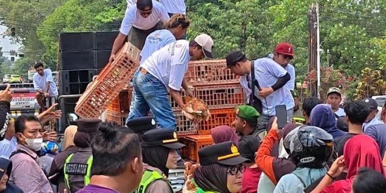Para peternak ayam petelur Kabupaten Pekalongan membagikan ayam gratis kepada warga di Jalan Mandurorejo, Kajen, Senin, 10 Agustus 2026. (Fahri Akbar/Lingkarjateng.id)