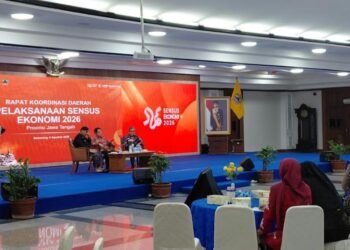 Wakil Kepala BPS RI, Sonny Harry Budiutomo saat rapat Koordinasi Daerah Pelaksanaan Sensus Ekonomi 2026 di Gedung Grahadika Bhakti Praja, Kota Semarang, Kamis, 6 Agustus 2026 sore. (Rizky Syahrul/Lingkarjateng.id)