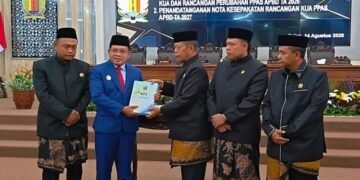 Ketua DPRD Kabupaten Pekalongan, Abdul Munir, menyerahkan dokumen Nota Kesepakatan Perubahan KUA-PPAS TA 2026 serta KUA-PPAS TA 2027 kepada Plt Bupati Pekalongan Sukirman, saat Rapat Paripurna di Kajen, Jumat, 14 Agustus 2026. (Fahri Akbar/Lingkarjateng.id)