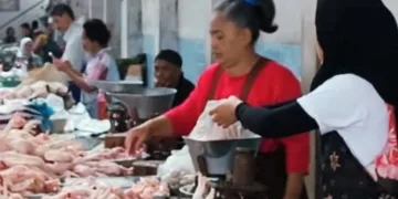 Salah seorang warga saat membeli daging ayam di komplek los ikan dan daging ayam komplek Pasar Raya Salatiga, Sabtu, 26 September 2026. (Angga Rosa/Lingkarjateng.id)