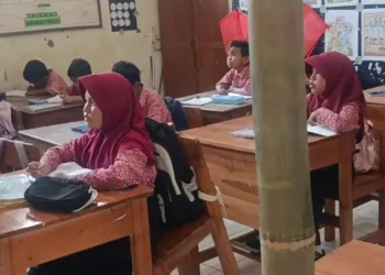 Sejumlah siswa - siswi SDN 1 Tanjung belajar ditengah ancaman ambrolnya atap plafon gedung. Foto :Lingkar Network/Hanafi
