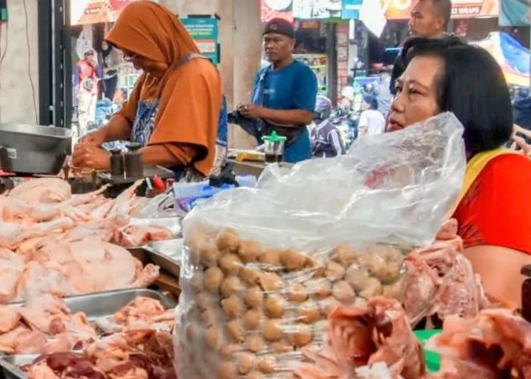 Pedagang daging ayam di komplek Pasar Raya 1 Salatiga saat melayani pembeli, belum lama ini. (Angga Rosa/Lingkarjateng.id)