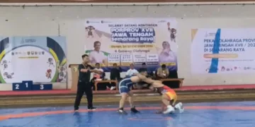 Pertandingan gulat pada kompetisi Pekan Olahraga Provinsi Jawa Tengah di Wisma Halim Kabupaten Demak pada Rabu, 28 Oktober 2026. (Ahmad Abror/Lingkarjateng.id)