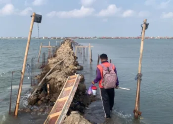 Akses jalan menuju Desa Timbulsloko, Kecamatan Sayung, Kabupaten Demak, yang rusak tergerus ombak, Selasa, 6 Oktober 2026. (M. Burhanuddin Aslam/Lingkarjateng.id)